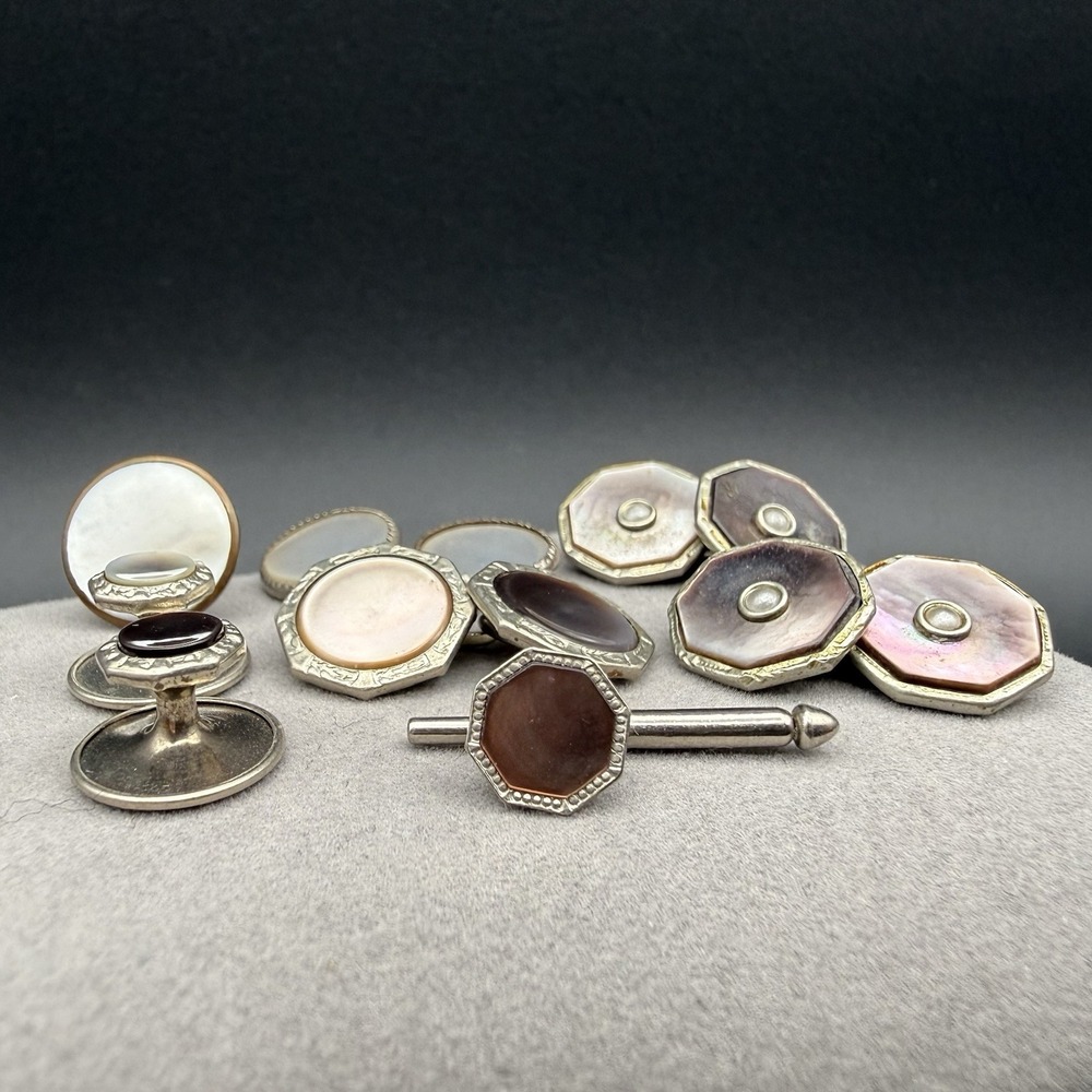 Vintage Art Deco Mother of Pearl Mixed Lot Mens Octagon Cufflinks Shirt Studs
